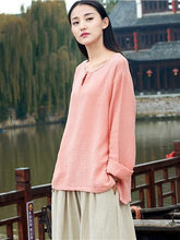 Round-neck Linen Cotton Long Sleeves Tops